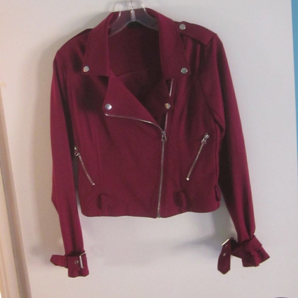 NBD Womens Size S Red Bandage Knit Biker Cropped Jacket Zipper Front - Picture 9 of 10